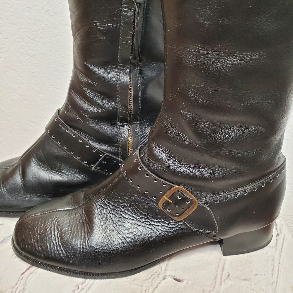 60s Black Leather Go Go Boots With Shearling ! Gem